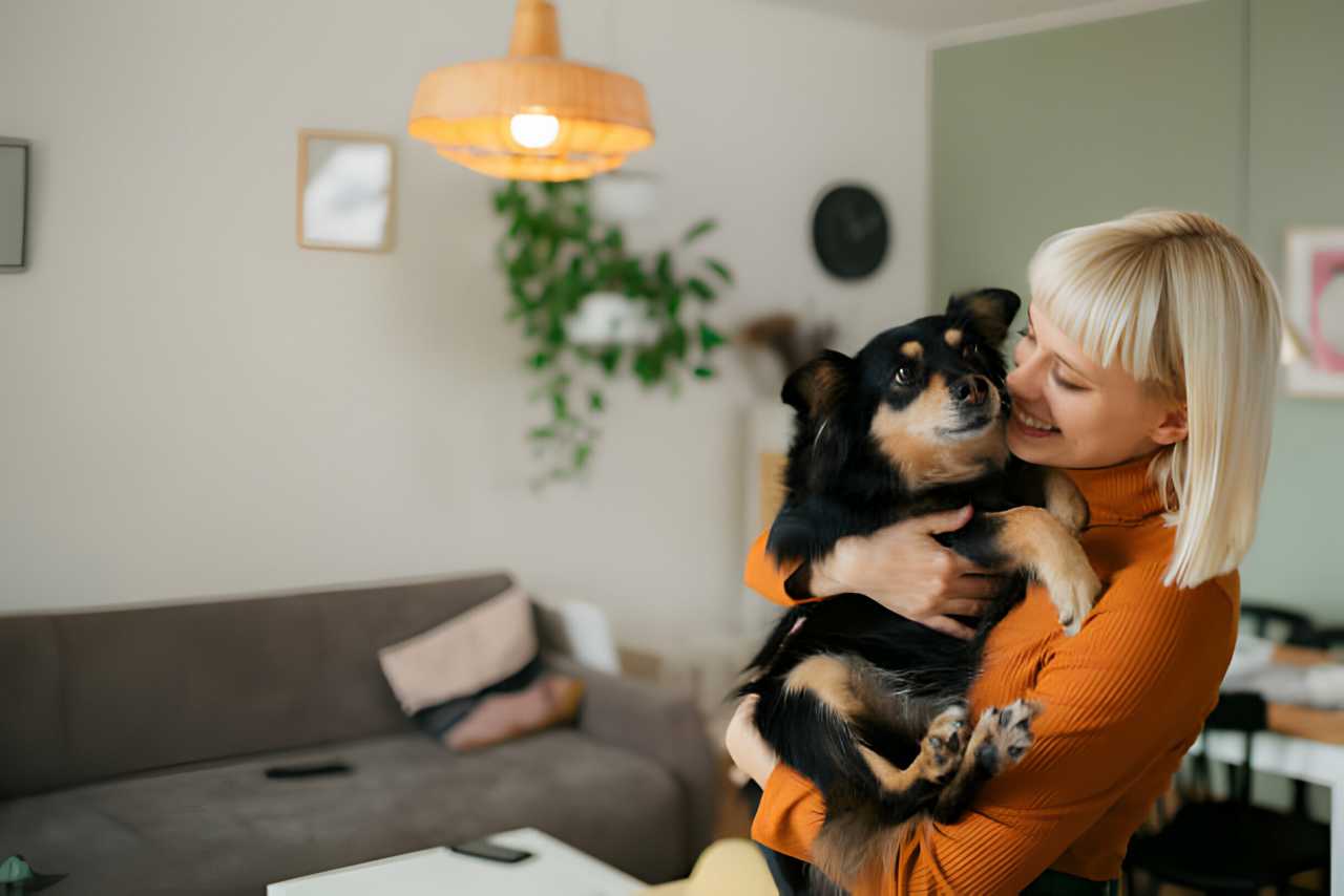 Femme blonde joyeuse passant du temps avec son chien à la maison